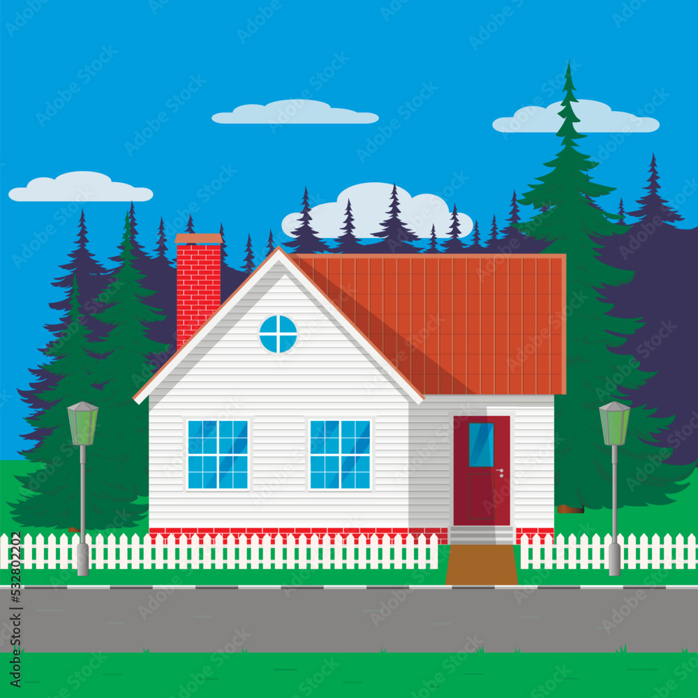 Village house near the forest. Vector illustration.
