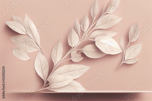 White podium with branch of leaves and arch to show cosmetic products Beige color background for branding and packaging presentation , anime style