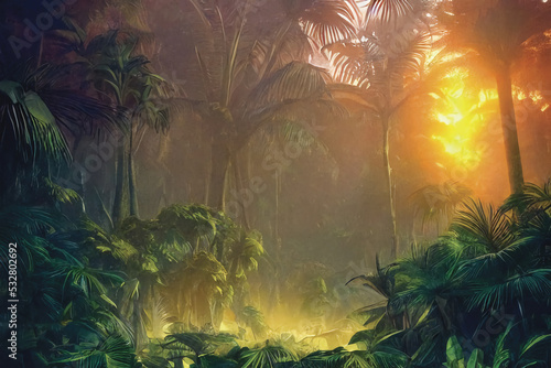 Sunset in the jungle. Landscape with palm trees.