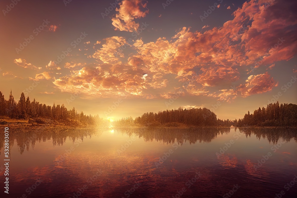 Platform and beauty Natural sunset podium on the lake with cloud, sky and backdrop for product display and showcase. landscape scene background 2d style