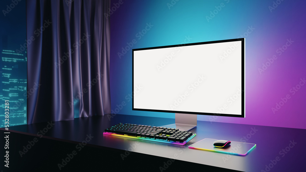 Game room computer desktop with blue pink lights on the background, Modern PC  computer white screen mockup, gaming keyboard. 3d rendering illustration  Illustration Stock | Adobe Stock