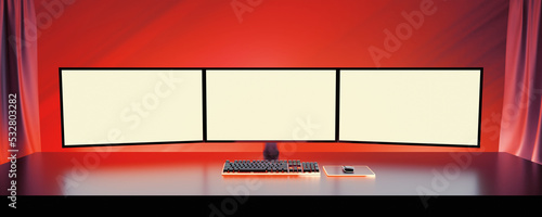Game room computer desktop with red lights on the background, 3 monitor white screen mockup, gaming keyboard. 3d rendering illustration