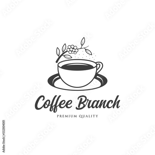 coffee shop logo line with bean plant and leaf icon design template