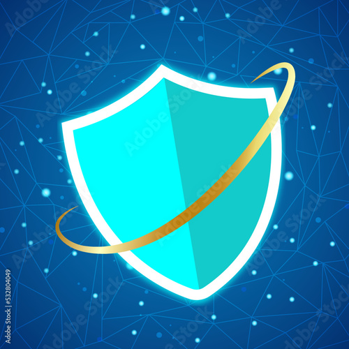 Escudo azul con banda dorada con una trama de fondo representando la seguridad del ciberespacio