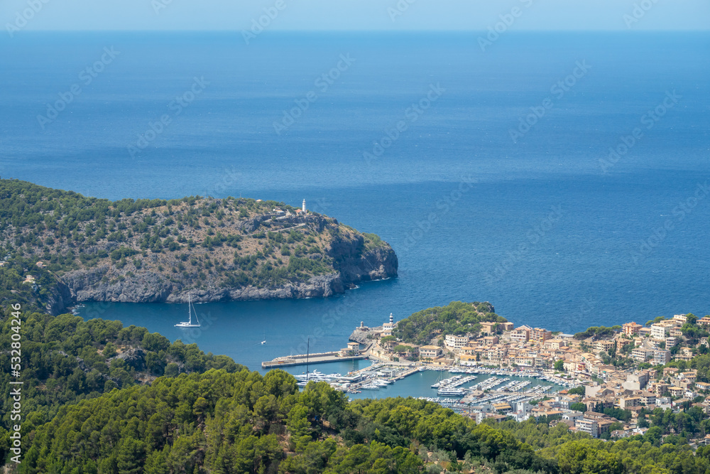Panoramic view of the port of Soller (Spain) from the viewpoint of Ses Barques in summer