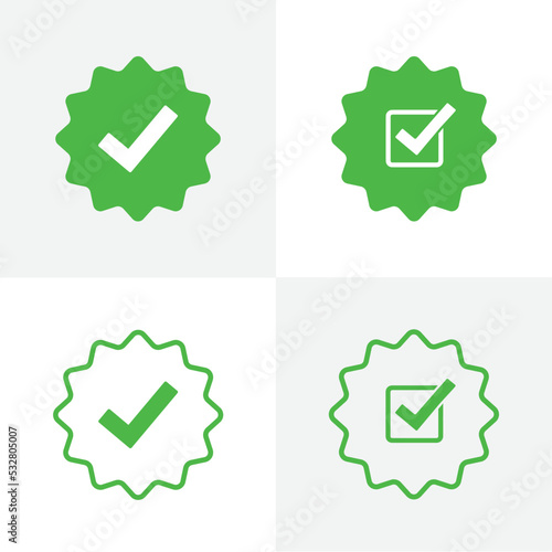 Green icon for verified social media profile. Kit with four icons. Approved sign. Star with check rounded corners. Top page logo with approval icon. Checkmark. Trustworthy person on the internet. 