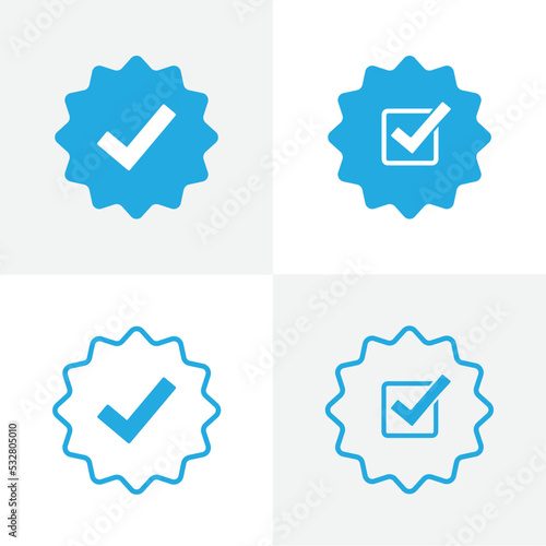 Blue icon for verified social media profile. Kit with four icons. Approved sign. Blue star with check rounded corners. Top page logo with approval icon. Checkmark. Trustworthy person on the internet. 
