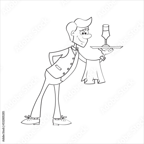 Waiter with towel holds the order with one hand. Black and white illustration. Coloring book. Waiter brings glass of wine. Vector illustration.