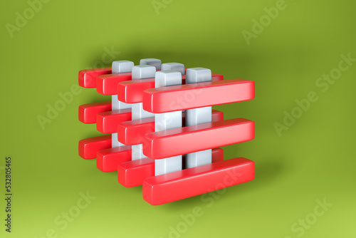 3d illustration of geometric shapes of cubes, green, blue and red colors