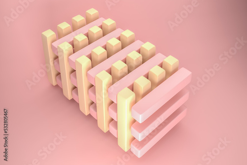 3d illustration of geometric shapes of cubes, pink and yellow colors