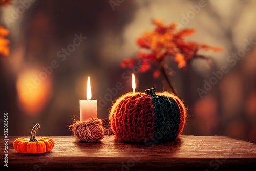 Autumn composition with candles, mini munchkin pumpkins, warm wool knitted plaid on the wooden wind sill Dark colors, low key Cozy home atmosphere, fall colors Close up , anime style