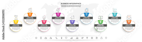 Modern vector flat illustration. Line infographic numbers template with nine labels, icons. Timeline designed for business, presentations, web design, interface, diagrams with 9 steps