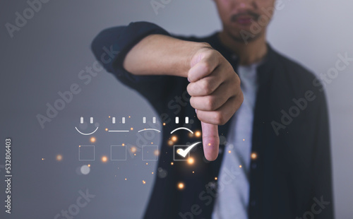 Canvas Print Customer Experience dissatisfied Concept, Unhappy Businessman Client with Sadness Emotion Face on smartphone screen, low rating, bad service dislike bad quality, Bad review, social media not good