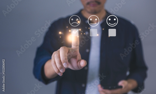 Customer Experience dissatisfied Concept, Unhappy Businessman Client with Sadness Emotion Face on smartphone screen, low rating, bad service dislike bad quality, Bad review, social media not good.