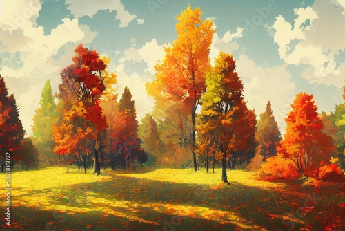 Background in Autumn colors Leaves and trees in Autumn mood , anime style