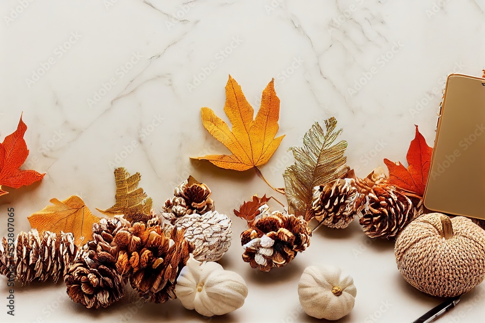 Autumn composition corner border, workspace with copy space on marble background, smartphone blank screen mockup, notebook, pine cones, knitted sweater, top view , anime style Autumn composition corner border, workspace with copy space on marble background, smartphone blank screen mockup, notebook, pine cones, knitted sweater, top view , anime style