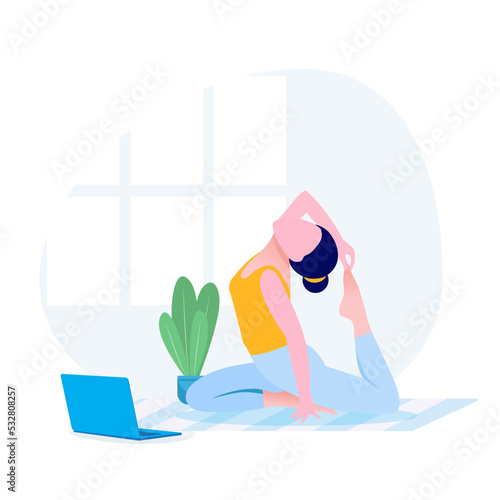 Vector illustration Woman practicing Garbha Pindasana asana or fetal position in the womb. Girl doing yoga exercises at home