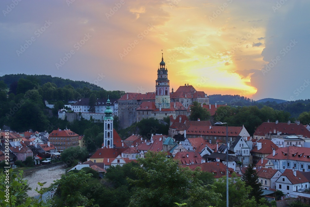 A view to the historical town and castle during sunset at Cesky Krumlov, Czech republic