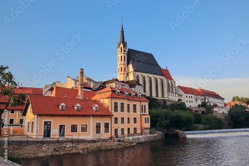 A view to the historical town with church in the middle at Cesky Krumlov  Czech republic