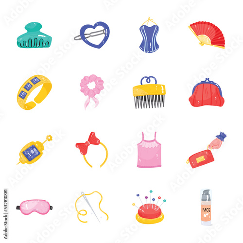 Cosmetics and Fashion Flat Sticker Icons 

