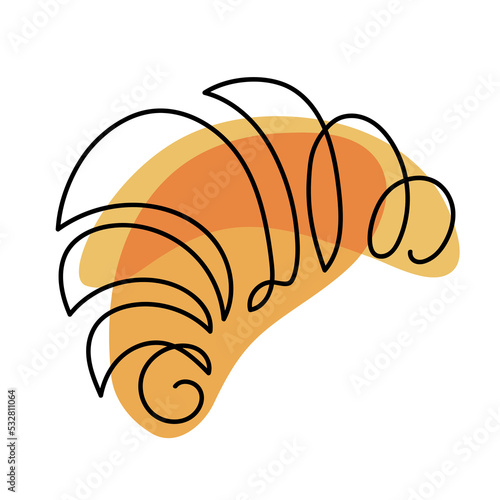 Continuous one line drawing croissant. Baking shop Logo concept. Abstract hand drawn pastries by one line. Pastry line sketch. Traditional french pastry for breakfast. Fashionable trend vector.