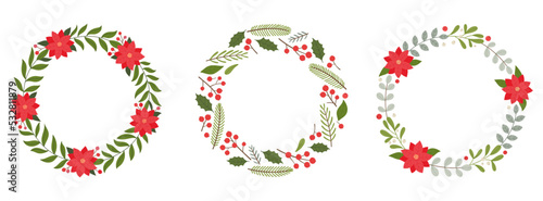 Set of Christmas wreaths with poinsettia flowers, twigs, berries and leaves.