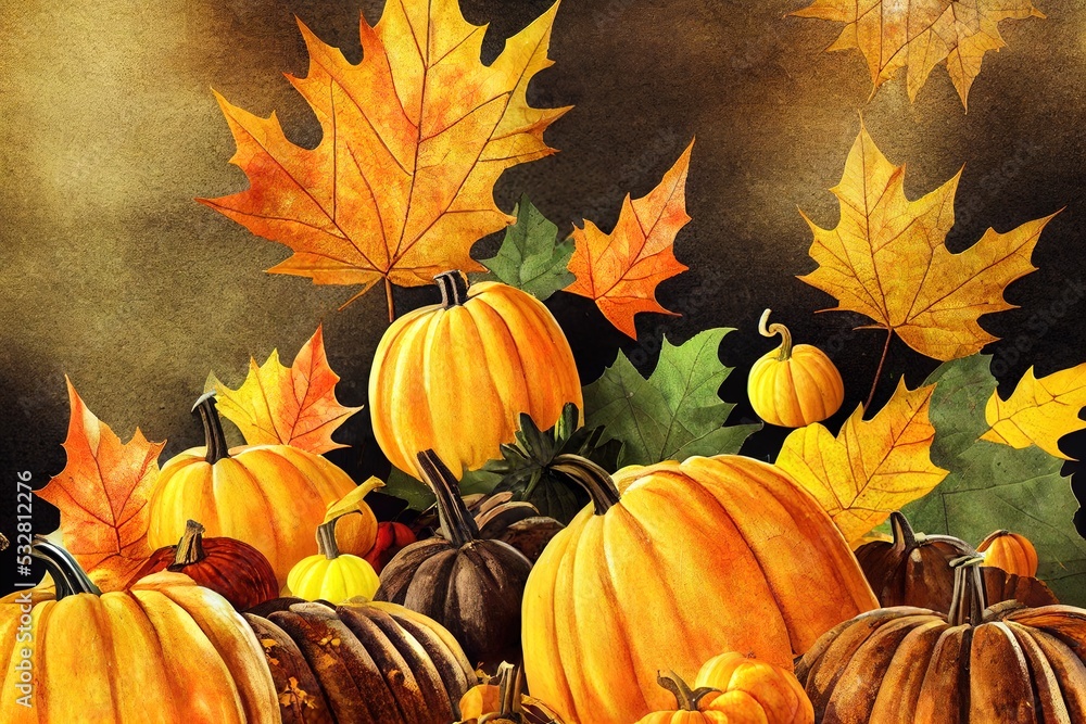 Autumn composition with pumpkins and yellow maple leaves on dark, top view, Seasonal fall, Thanksgiving background , anime style