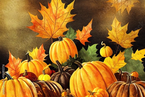 Autumn composition with pumpkins and yellow maple leaves on dark  top view  Seasonal fall  Thanksgiving background   anime style