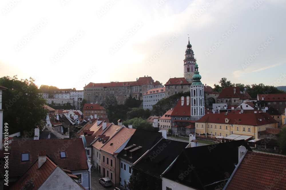 A view to the historical town and castle during sunset at Cesky Krumlov, Czech republic