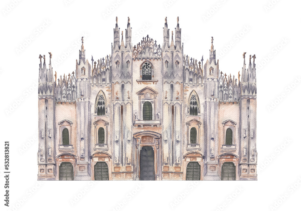 Obraz premium Italian Milan Duomo building Watercolor architecture illustration Png clipart Printable cut file, scrapbook, souvenir, greeting card, invitation, travel journey