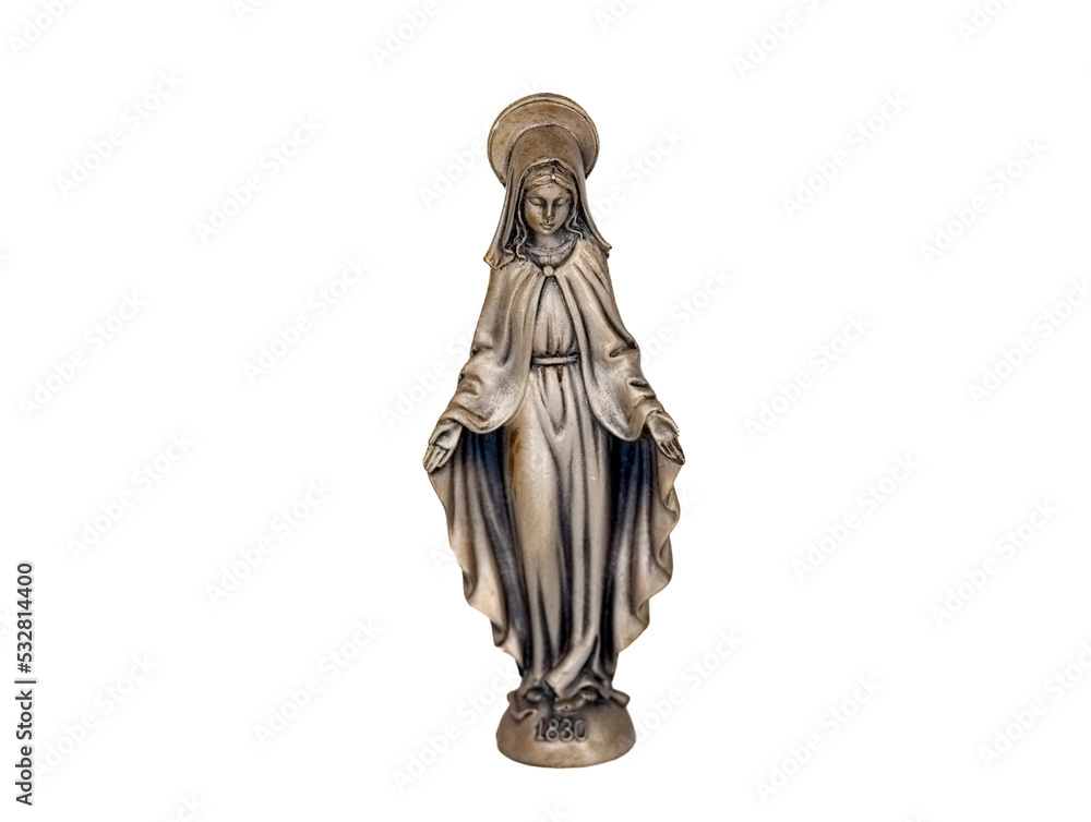 Virgin Mary statue of Roman Catholic Church isolated on white background; Madonna