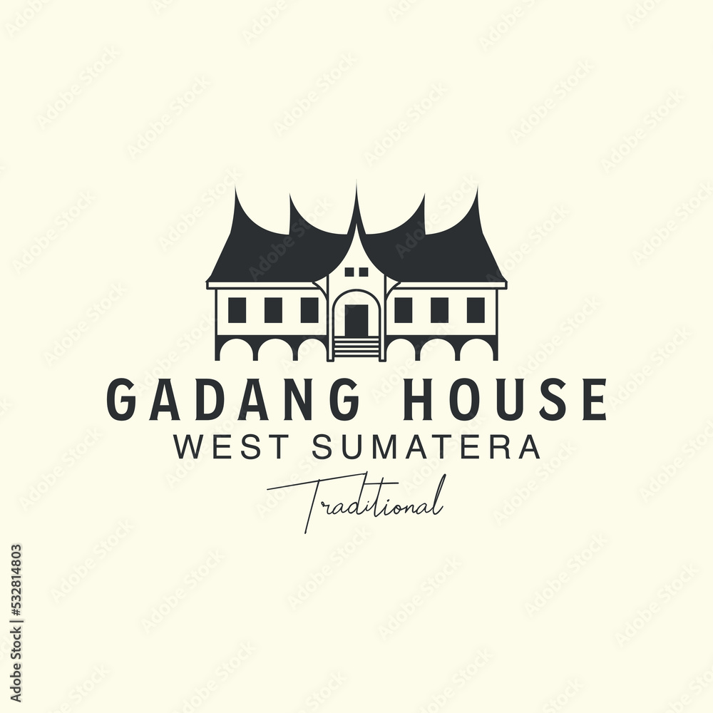 gadang house with vintage style logo vector template icon illustration design, traditional house, west sumatera, minangkabau, indonesia logo landmark design