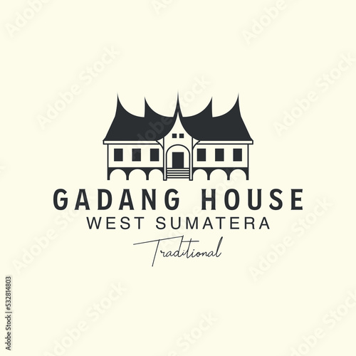 gadang house with vintage style logo vector template icon illustration design, traditional house, west sumatera, minangkabau, indonesia logo landmark design