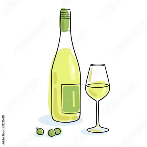 Bottle of white wine and wine glass. Handmade picture in line style. Black contour with colored spots. Isolated on white background.  Vector flat illustration. Template for menu design