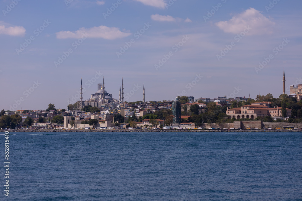 silhouette Istanbul city buildings from water Bosphorus or Golden Horn, public places.