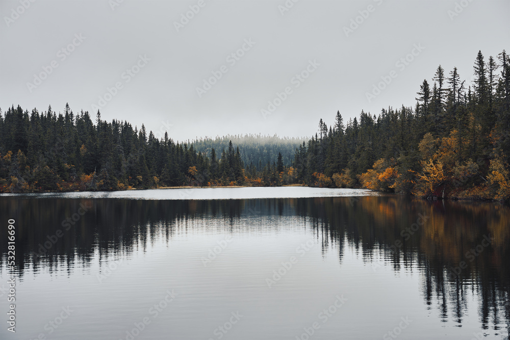 Skurvetjern Lake. Image from a trip to the Svartdalstjerna Forest Reserve of the Totenaasen Hills, Norway, in autumn.