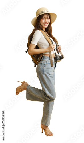 Asian woman traveler concept with back pack and camera looking to traveling in summer. photo