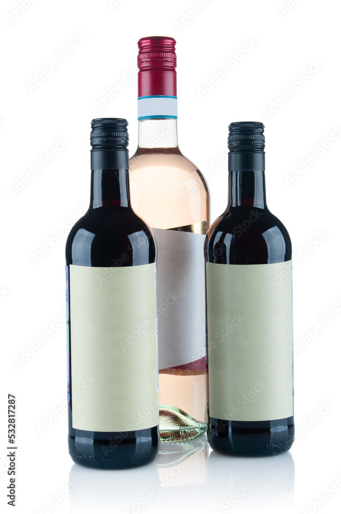 Few red wine bottles close up isolated on white background Few red wine bottles close up isolated on white background