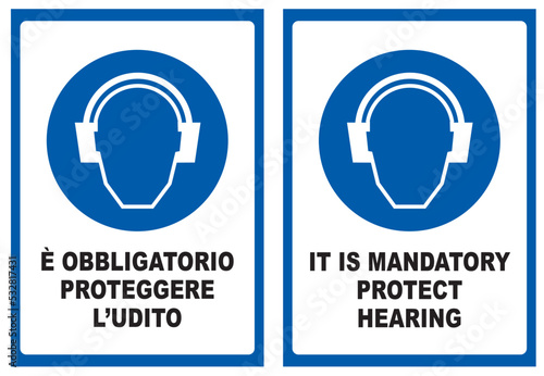 E' Obbligatorio proteggere l'udito, It is mandatory protect hearing, cartello, edilizia, avviso, segnaletica, ponteggi, edifici, aziende, cantieri, città, palazzi, opere murarie, architettura