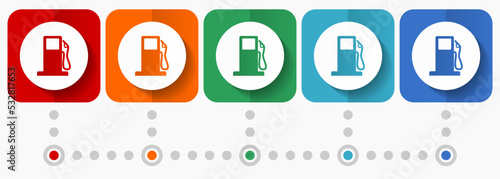 Petrol vector icons, infographic template, set of flat design fuel symbols in 5 color options