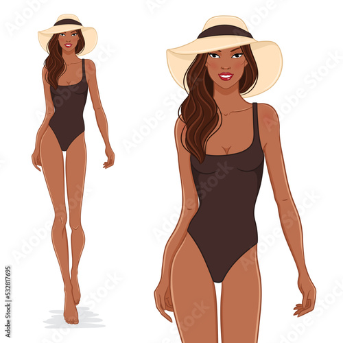 Vector fashion illustration of a black, beautiful, fashion model wearing a stylish swimsuit and beach hat. Young, attractive smiling woman posing in a bikini.