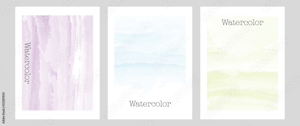 Vector watercolor posters. Violet, blue and green colors. Horizontal and vertical watercolor strokes. Perfect for invitations, brochures, screensavers, notebooks and book covers.