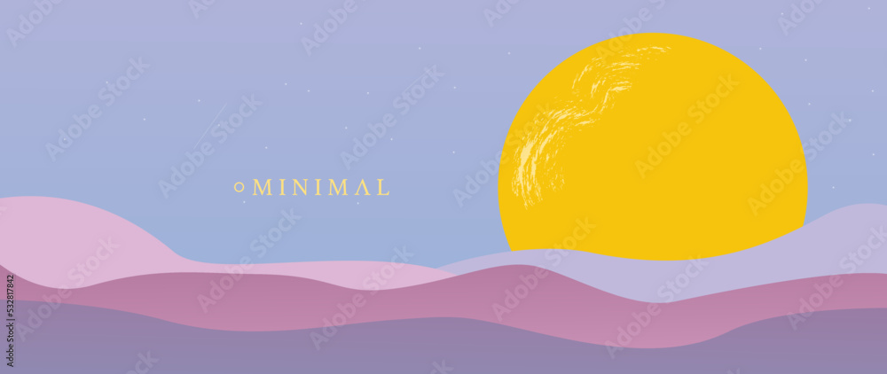 Vector flat illustration. Mountains and sun. Background for wallpaper design for prints, banner, cover, wall art and home decoration.