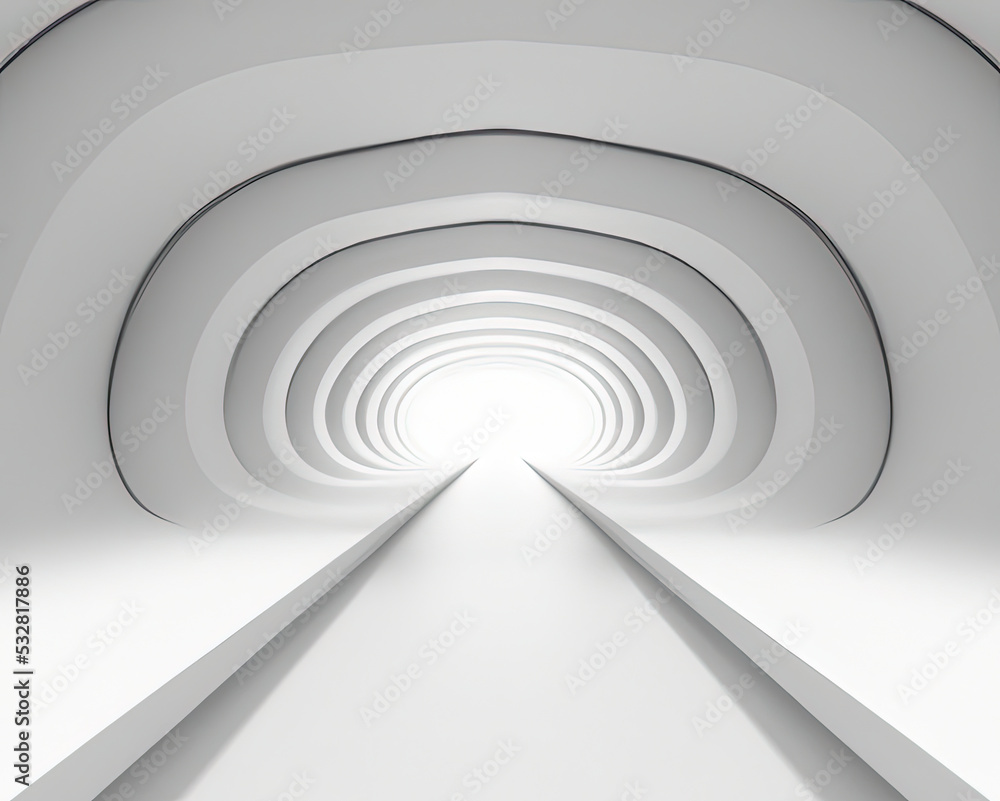 Modern white interior with tunnel space 3d rendering image. White curved corridor. There is light at the destination - obrazy, fototapety, plakaty 