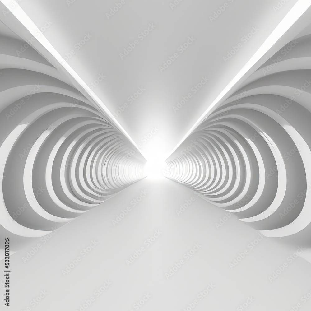 Modern white interior with tunnel space 3d rendering image. White curved corridor. There is light at the destination - obrazy, fototapety, plakaty 