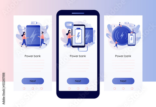 Powerbank concept. Portable charge. Smartphone wired charging. Device, smart digital technologies and accessories. Screen template for mobile, smartphone app. Modern flat cartoon style. Vector
