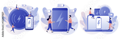 Powerbank concept. Portable charge. Smartphone wired charging. Device, smart digital technologies and accessories. Modern flat cartoon style. Vector illustration on white background
