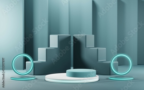 3D render of Podium background in blue tones for displaying cream products. cosmetics