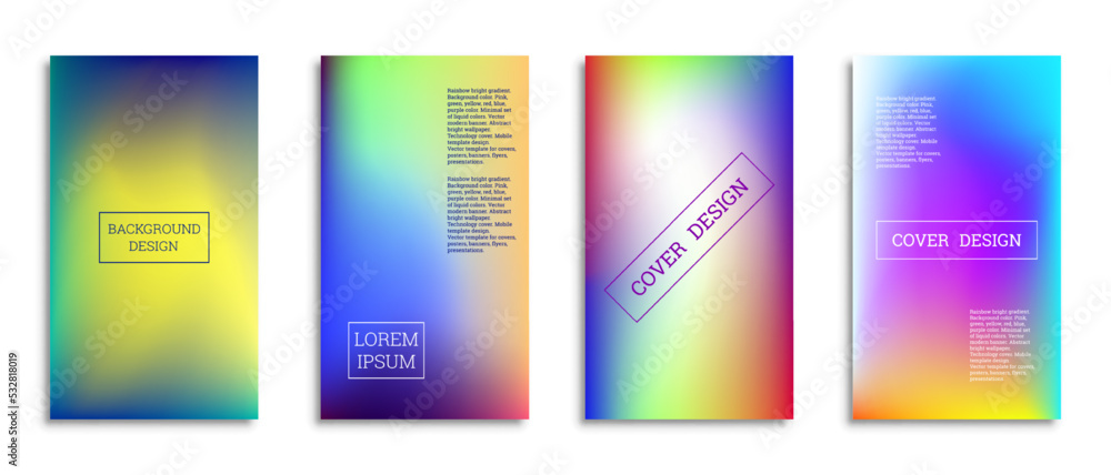 Bright gradient background for the cover. Set of 4 covers. Creative modern vector illustration. Holographic spectrum.