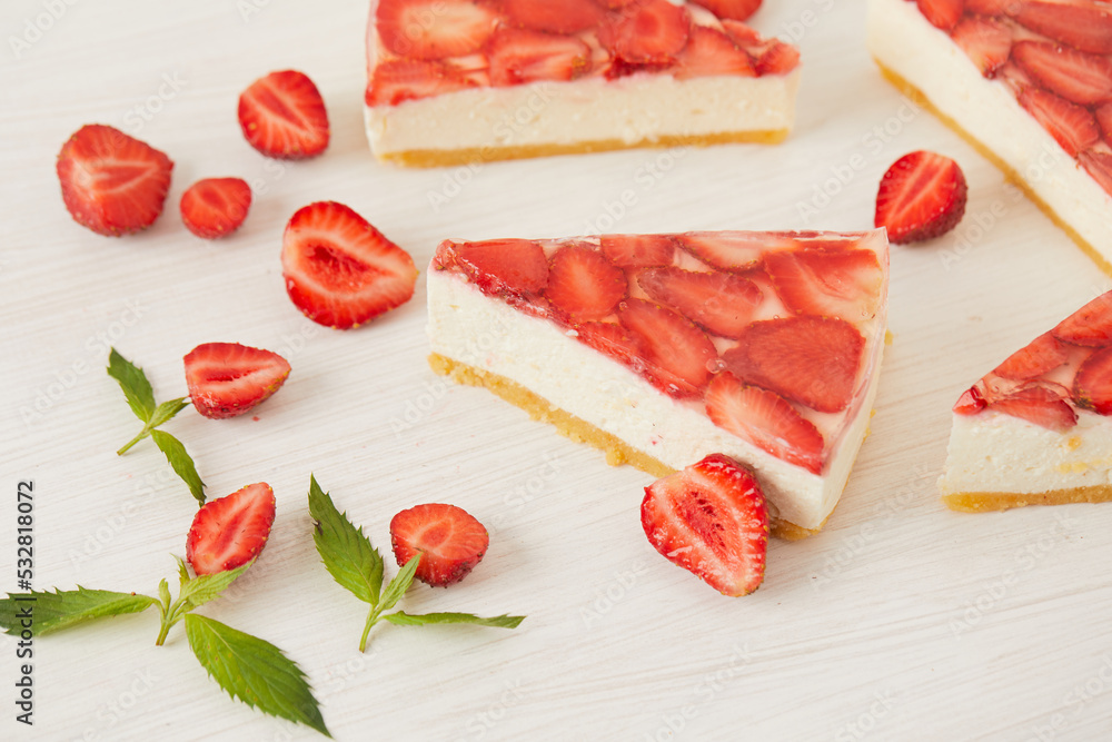dessert with strawberries in jelly on a light background dessert with strawberries in jelly on a light background